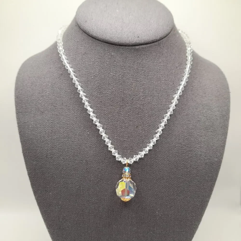 Vintage 1960s Crystal Faceted Pendant Necklace, AB Rhinestone Box Clasp, 17 Inch